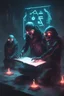 Placeholder: A necromancer writing glowing glyphs in midair, cyberpunk aesthetic, glowing eyes, undead minions praying on knees