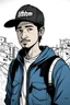 Placeholder: doodle , high quality , illustrated,Hima, young man, 20 years old, journalist, black hair, short beard, wearing a press jacket ، He wears a Bluo press jacket that says, PREES ،Wearing a black sports cap, photographer , Background of destroyed buildings ،simple cartoon style for a card, signed with the name Hima.