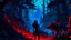 Placeholder: Dark beast's hunting forest with hot girl with blood in neon style red, blue and green colours in the distance