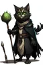 Placeholder: a fluffy tabaxi with black fur wearing cottage core clothing holding a staff with a slime monster