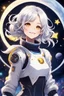 Placeholder: Space girl, has medium white hair with the center part of it black, has yellow eyes, is in space flying on top of a star, she wears a blouse and doesn't need a helmet to fly in space, She smiles calmly, Anime style