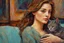 Placeholder: impasto, hard plastic strokes, closeup, night, light brown haired woman with cat on sofa in an elegant room S<AI in tiffany lamp light Weight:1 neo-impressionism expressionist style oil painting, smooth post-impressionist impasto acrylic painting, thick layers of colourful textured paint Weight:0.9