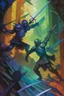 Placeholder: 1970's dark fantasy cover dnd style oil painting of an holographic medieval fight with minimalist far perspective in an abstract pattern background.