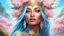 Placeholder: Photo realistic portrait of a gorgeous smiling skinny polynesian goddess with a golden dark shining skin, long smooth clear turquoise blue and pink white hair, blue eyes, in a sci-fi outfit with luminous strikes blowing a kiss in a hill of flowers with sakura trees, a waterfall, a crystal palace, loads of mini flowers, moss, sun rays through the branches, particles in the air at spring. Intricated details,