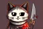 Placeholder: Cat diabolical smiling with a bloody knife with blood. Illustration.