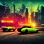 Placeholder: art deco, cyberpunk, two neon muscle cars, race, speed, desert road, sunset, full colour, hd,