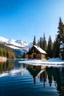 Placeholder: crea un paisaje de una cabaña rodeada de pinos a las orillas de un lago cristalino con montañas con la sima nevadas en de fondo, un dia soleado de invierno