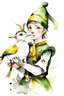 Placeholder: Watercolor black and white elf holding a duck