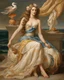 Placeholder: Reimagine the painting using clothing as the primary elements. Transform Venus into a figure wearing an exquisite, flowing gown resembling the sea's waves. Use fabrics and scarves to depict Zephyr and Aura, while seashells and the shell under Venus become fashion accessories. Match the clothing colors and patterns to the original painting, capturing Venus's beauty and grace through fashion.