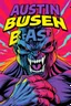 Placeholder: mania comic scary super hero mad crazy wild super head big title with movie poster title: Austin super beast, 90s style, angry fast, extreme, wild, so so so so angry, tough red and purple background with 90s comic style slashes