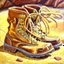 Placeholder: brown moutain shoes , art, oil drawing, bright,