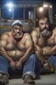 Placeholder: close up photography of two burly chubby strong turkish truck drivers 48 years old, shirtless with boxer ,bulge, manly chest, muscular, long beard, at midnight , sitting outside near his truck, open legs, dim lights, ambient occlusion, side light , photorealistic, view from the ground