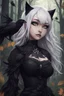 Placeholder: CAT GIRL, goth, forest, nature, cartoon, leaves, half black half white hair, boobs, ravens