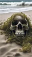 Placeholder: A skull covered with sea weed laying on the beach with a rough waves , insects coming out the skull’s eye