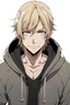 Placeholder: Anime Man main character with normal skin , blonde hair, wearing old black hoodie, aged 16 , muscles, English