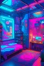 Placeholder: a drawing of the girl's room is adorned with neon and light up posters, in the style of anime aesthetic, webcam photography, studyblr, psychadelic surrealism, ultra detailed, trenchcore, use of screen tones