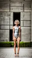 Placeholder: beautiful asian anorexic woman, total shot, short silver triathlon swimsuit, short blond wavy bob hair, blurred concrete background