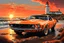 Placeholder: realistic 1970s BOSS 302 orange mustang in coastal, intricated details, sunset, lighthouse, painting style, dramatic lighting