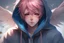 Placeholder: An anime man with messy short pink hair and narrow blue eyes wearing a hooded jacket. He has feathered wings. Realistic.