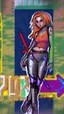 Placeholder: teen woman in retro-futurist cyberpunk costuming with pants and sheathed swords leaning to the side with shoulder against a brick pillar, add a background of brick with graffiti of a large arrow pointing to the right and text of the word "PUB" on lower left