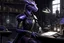 Placeholder: a black and purple, female argonian artificer who uses Tesla coils, skinny, lightly armored, sitting in her lab