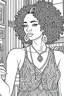 Placeholder: closeup Black & White coloring page beautiful Black woman white skin afro curly hair headband, flowy sundress getting ready to go out stylish dressing room, vanity table, clothing rack of stylish outfits. Art deco style, ultra detailed, inspired by Jamie mckelvie comic art, by jen bartel, Poster, 2D vector illustration, Vector art clean coloring book page, coloring book illustration, CLEAN LINE ART, FINE LINE ART, only draw outlines