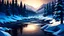 Placeholder: A picture of a winter landscape with trees and a river,dramatic scene,dark light,low poly