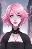 Placeholder: Thin, androgynous character with short pink hair. vivid sapphire blue eyes, goth makeup, dark gender neutral goth clothes, urban background, RWBY animation style