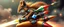 Placeholder: hairy macho gremlin squirrel living in a hi tech marvellous hot dog art graphics and gems on rocket with a mounted sling shot mega harpoon, heading for venus , background motion blur and smoke swirls
