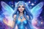 Placeholder: A beauty Fairy women with long blue straight hair, with a beautiful face, and Blue big eyes. She has Crystal wings and sweety elegant smile.She Is a magic sacred dancer in cosmica ceremony..the background Is a magic coloured bright galaxy, with a stars. She Is so fine gentle and with grace