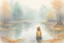 Placeholder: a cute chibi girl is sitting with her back to us, we see her playing tetris on a big screen, in van gogh style in on a misty morning. over a misty pond in the hieght of fall. Watercolour by Alison Brady. Pastel colours S<AI in sunshine, ethereal, otherwordly, cinematic postprocessing