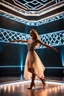 Placeholder: stage inside of a 3d crystal hexagon lovely light reflections ,full body shot of very beautiful lady skirt and bluse , Braided hair ,dancing in stage in the crystal cube pretty makeup,full cube shot