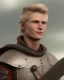 Placeholder: strong medieval warrior with short blond hair, blue eyes and wide warm smile with an axe with green and brown clothes