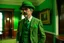 Placeholder: ww1 rich archeologist with green suit talking close-up standing up looking to the camera, inside mansion room background, normal collor pallete