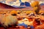 Placeholder: Arid land, clouds, mountains, rocks, puddle, vegetation, claude monet impressionism painting