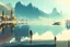 Placeholder: Sunny day, distant modern city, lake, lake reflections, people, mountains