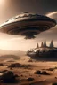 Placeholder: A sleek Spaceship landing in a ruined alien desert city