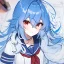 Placeholder: Clear focus, High resolution, rough line sketch art, cute, cartoon, medium blue hair, hair between eyes, fluffy hair, red eyes, wearing a sailor uniform, barely revealing