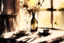 Placeholder: A table in a nice restaurant next to the window, meal, wine and flower on it, melting watercolor and black ink outlines on wet paper, soft, shading strokes, in sunshine, ethereal, otherwordly, cinematic postprocessing, bokeh, dof