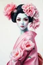 Placeholder: art by cheryl griesbach, carne griffith, victoria Frances, alex prihodko, oil on canvas, full half body,an relaxed standing front view,,hyperdetailed beautiful charming geisha in a vivid radiant long colorful shades of light pink clothes, delicate beautiful white masked face, perfect eyes, peonies,glamorous, gorgeous, delicate, isolated from a simple white background