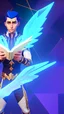 Placeholder: a human male with blue short hair and blue wings in assymetrical armor with geometric patterns and a book in hand, geometric wings