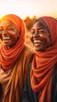 Placeholder: Two African women wearing scarf, laughing while watching the sun fall