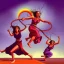 Placeholder: Two women skipping with a rope, demons and angry gods fight in the background, in the style of a Michael Moorcock book cover.