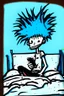 Placeholder: 2d drawing of a stickman, laying in bed, cool with punk hair, just woke up, sitting up in bed, with cellphone in hand, excited, smiling ,3d realistic in colour