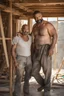 Placeholder: half figure shot photography of TWO ugly 48 year old stocky big beefy robust burly marocan carpenters close embraced, dirty,, wearing boxer, shirtless, chest, serious, very virile, short beard, short hair , in a sunny construction work area, photorealistic , photorealistic