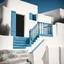 Placeholder: Minimalist abstract cyanotype photo of stairs outside a Greek house