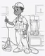 Placeholder: coloring page, depicting a black boy as a Electrician, full body, outline, black and white, highly defined, well defined, white background, empty background, cartoon style, coloring book style