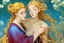 Placeholder: colourful digital painting of beautiful aphrodite full body embracing old man, in the style of hokusai and van gogh