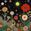 Placeholder: Colourful, peaceful, Max Ernst, Gustav Klimt, Egon Schiele, night sky filled with galaxies and stars, trees, rocks, giant flowers, one-line drawing, sharp focus, 8k, 3d