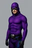 Placeholder: full-length, A portrait of a the Phantom, a man with piercing blue eyes, a chiseled jaw, goatee, timeless face, stern expression, Wearing a skintight formfitting purple cotton hero suit with a skintight cowl with a widows peak that fits tight to his head, but does not cover his face or his forehead , he wears a thin, black leather, bandit eye disguise over his eyes, black and blue diagonally striped trunks, dual-holstered pistol belt adorned with a triangle skull-shaped buckle, leg straps, boot